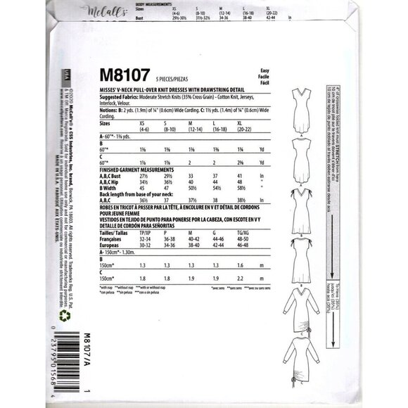 McCall's M8107 Misses XS to XL V-Neck Knit Drawstring Dress Uncut Sewing Pattern - Picture 2 of 2